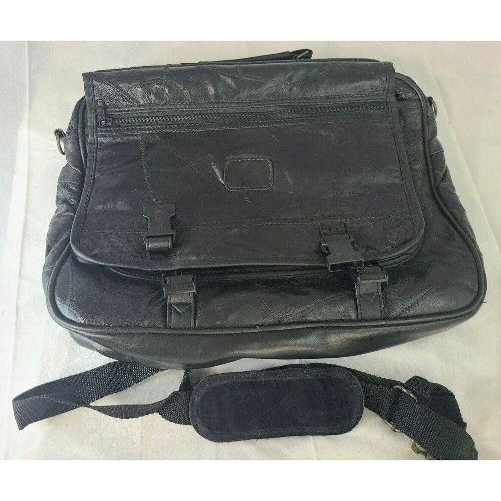 Black Genuine LEATHER Unisex BRIEFCASE Laptop Bag Business Case & Strap